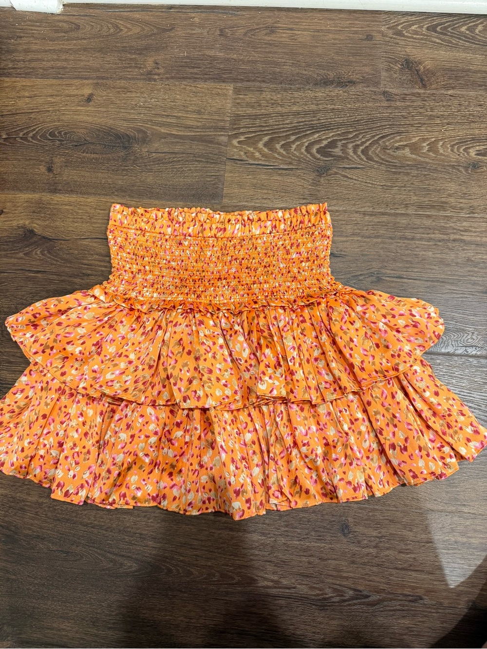 The Reset Orange Floral Smocked Tiered Mini Skirt